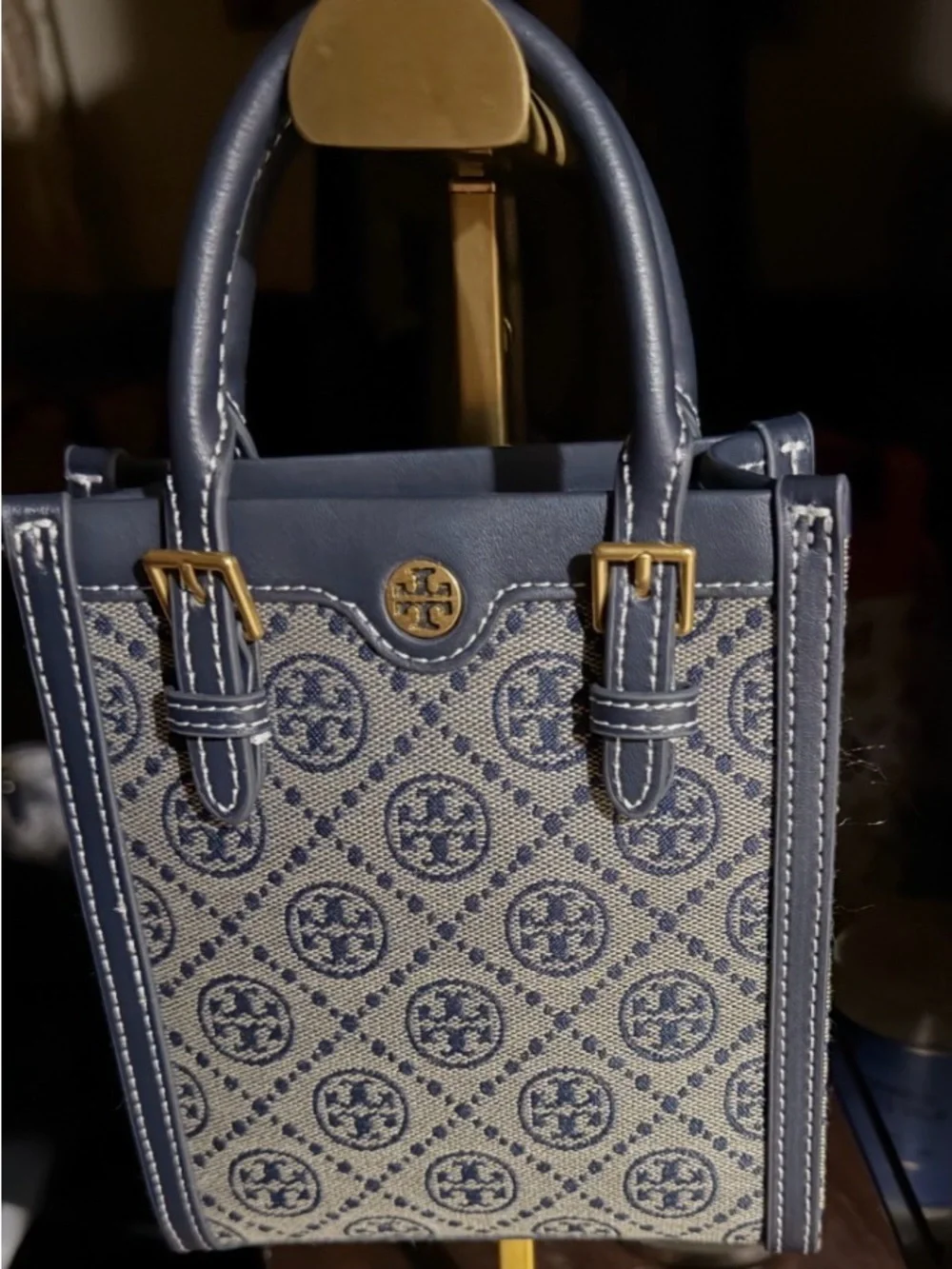 Tory Burch T Monogram Jacquard Mini Tote, featuring a structured blue and cream.